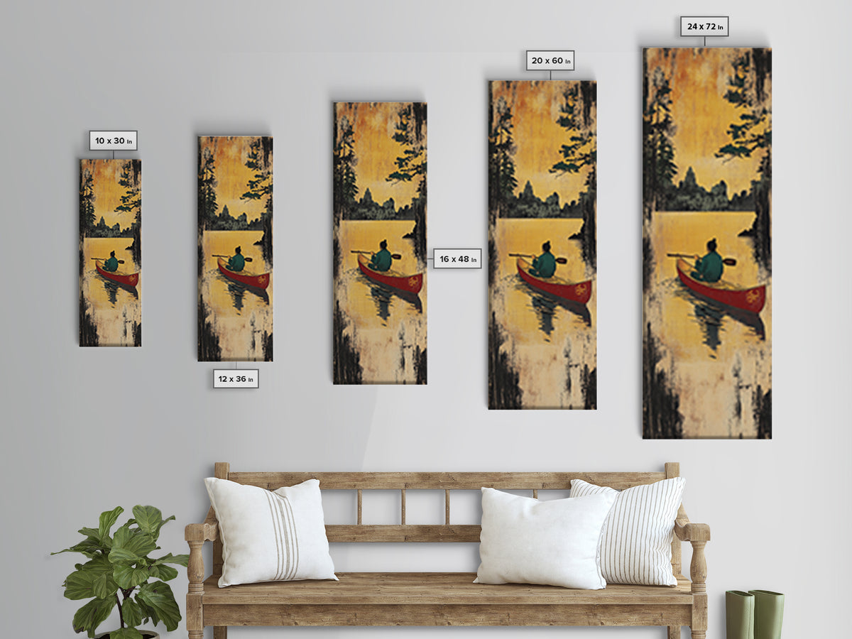 Golden Sunset Canoe Lake Wall Art, Rustic Cabin Canvas Print, Forest Landscape Decor, Peaceful Nature Art For Living Room