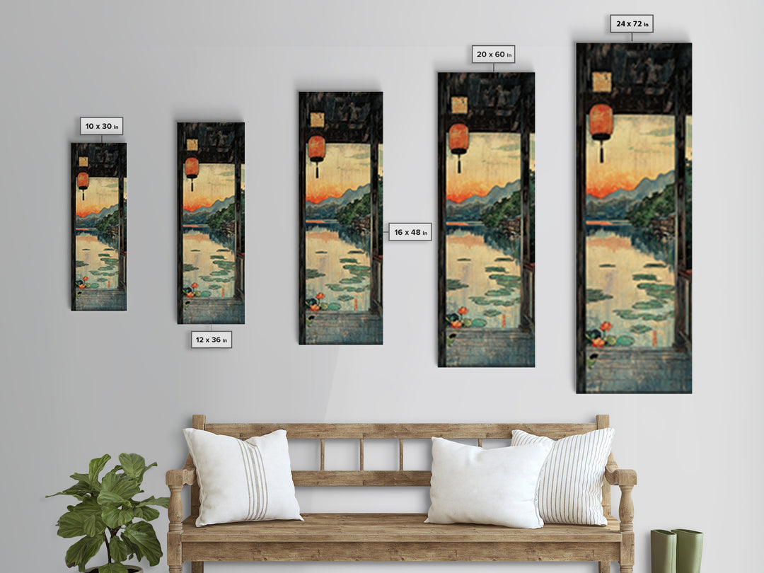 Lantern Window Over Lotus Lake Framed Canvas Print, Japanese Landscape Wall Art, Zen Home Decor, Long Narrow Asian Print