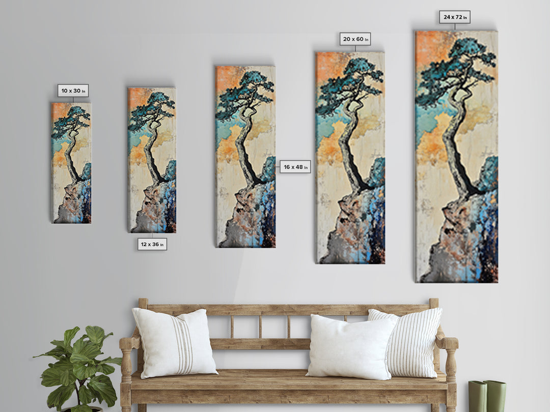 Twisted Pine Tree On Rocky Cliff Wall Art, Japanese Nature Print, Rustic Asian Decor, Long Narrow Minimalist Canvas Wall Decor