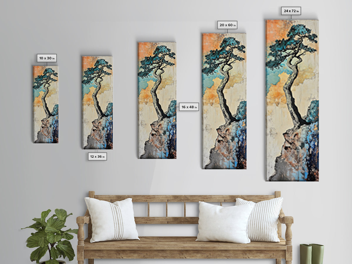 Twisted Pine Tree On Rocky Cliff Wall Art, Japanese Nature Print, Rustic Asian Decor, Long Narrow Minimalist Canvas Wall Decor