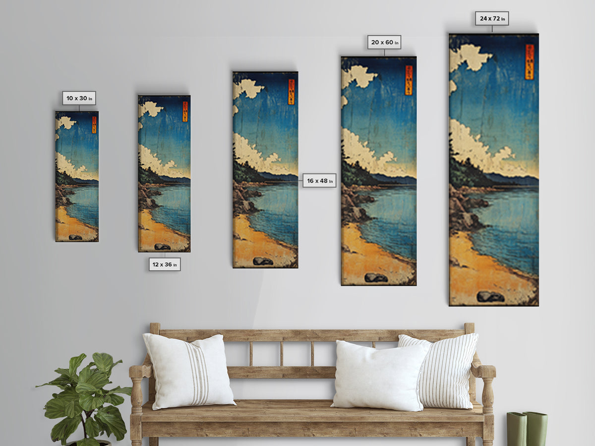 Blue Coastal Shore With White Clouds Canvas Print, Japanese Seascape Wall Art, Beach House Decor, Long Narrow Ocean Print