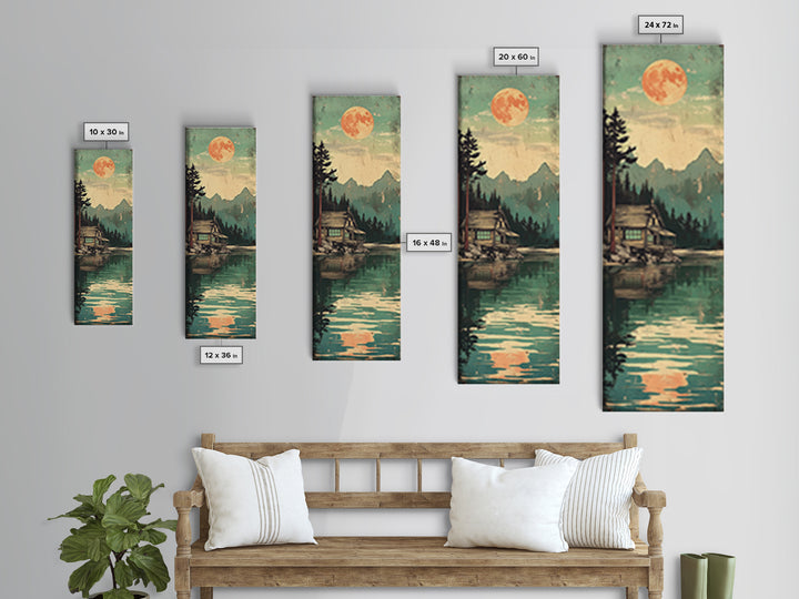 Full Moon Cabin Beside Green Lake Wall Art, Japanese Landscape Print, Cozy Rustic Decor, Long Narrow Mountain Lake Canvas Art