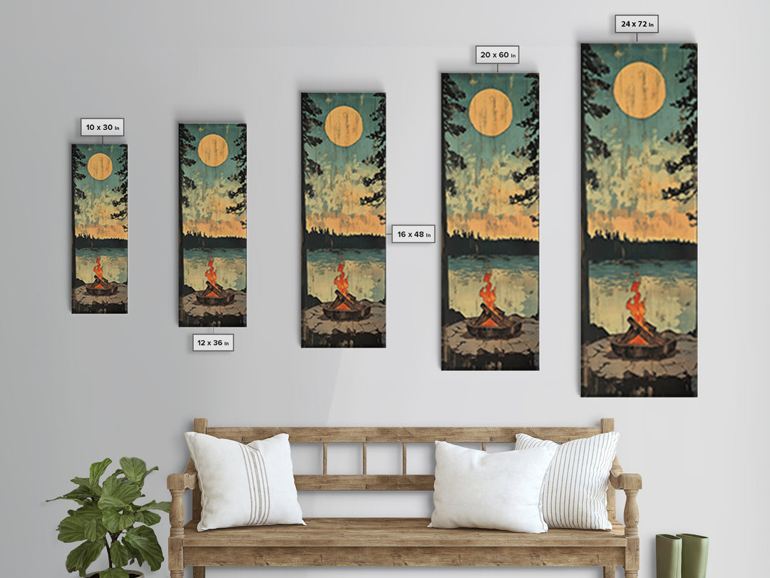 Moonlit Campfire By Quiet Lake Wall Art, Rustic Cabin Decor, Nature Landscape Print, Cozy Lodge Gift, Vertical Canvas Print, Home Decor