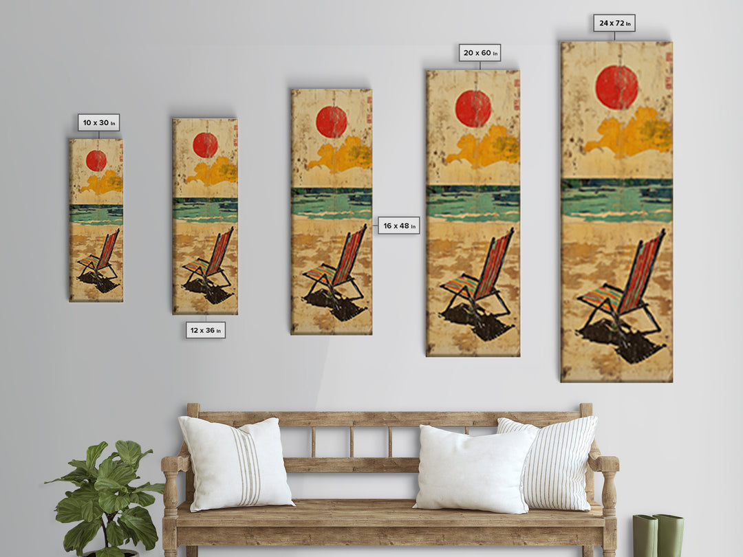 Striped Beach Chair Under Red Sun Canvas Print, Coastal Wall Art, Beach House Decor, Summer Ocean Print, Gift For Her, Home Decor