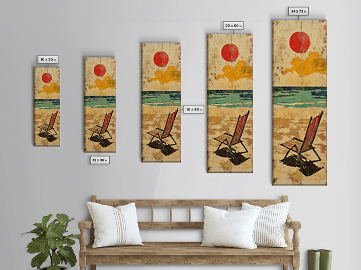Striped Beach Chair Under Red Sun Canvas Print, Coastal Wall Art, Beach House Decor, Summer Ocean Print, Gift For Her, Home Decor