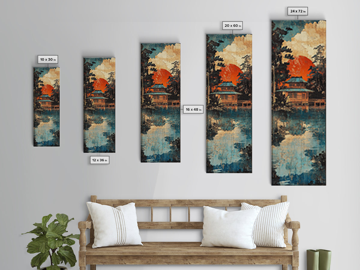 Japanese Lakeside Temple At Sunset Framed Canvas Print, Japandi Wall Art, Asian Landscape, Zen Home Decor, Housewarming Gift