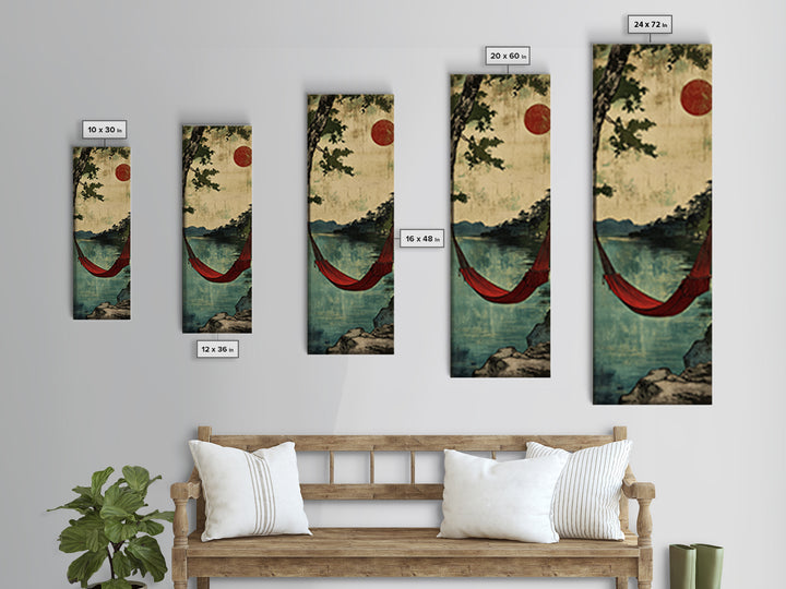 Red Hammock Over Serene Lake Wall Art, Japandi Landscape Print, Rustic Cabin Decor, Nature Wall Decor, Calming Home Decor Gift