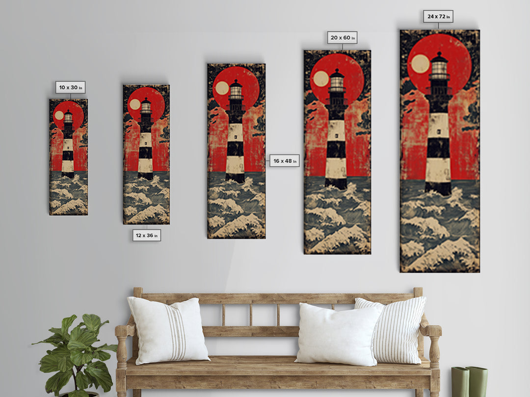 Striped Lighthouse Beneath Red Sun Wall Art, Nautical Canvas Print, Ocean Wall Decor, Coastal Home Decor, Statement Gift