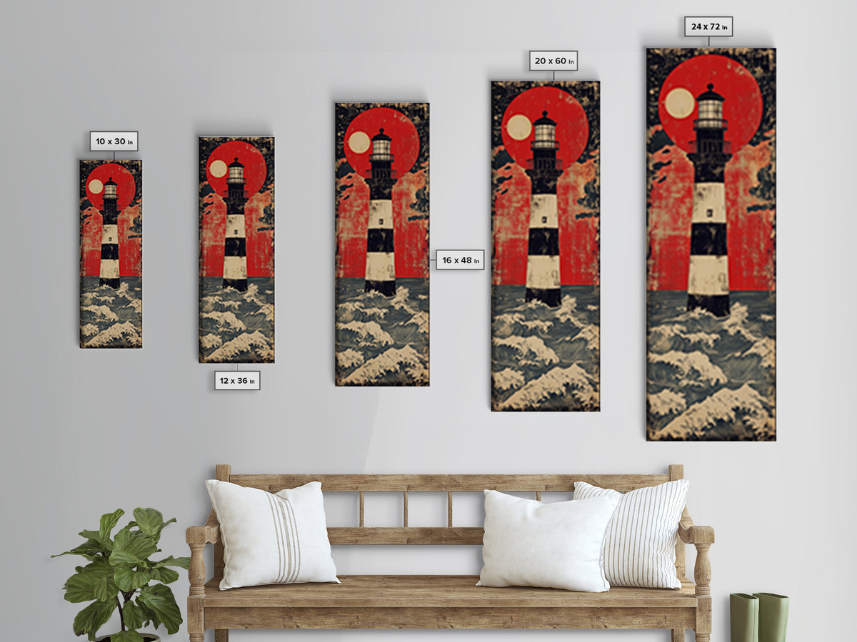 Striped Lighthouse Beneath Red Sun Wall Art, Nautical Canvas Print, Ocean Wall Decor, Coastal Home Decor, Statement Gift