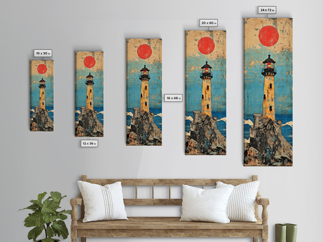 Rocky Island Lighthouse With Red Sun Canvas Print, Coastal Wall Art, Nautical Decor, Ocean Landscape, Large Wall Decor Gift