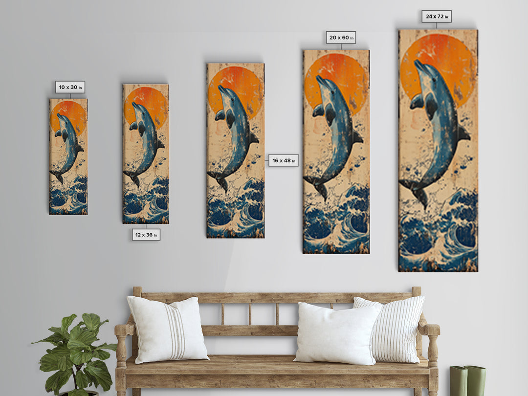 Jumping Dolphin Ocean Wall Art, Japanese Wave Canvas Print, Coastal Beach Decor, Orange Sun Nautical Art Print, Gift For Her