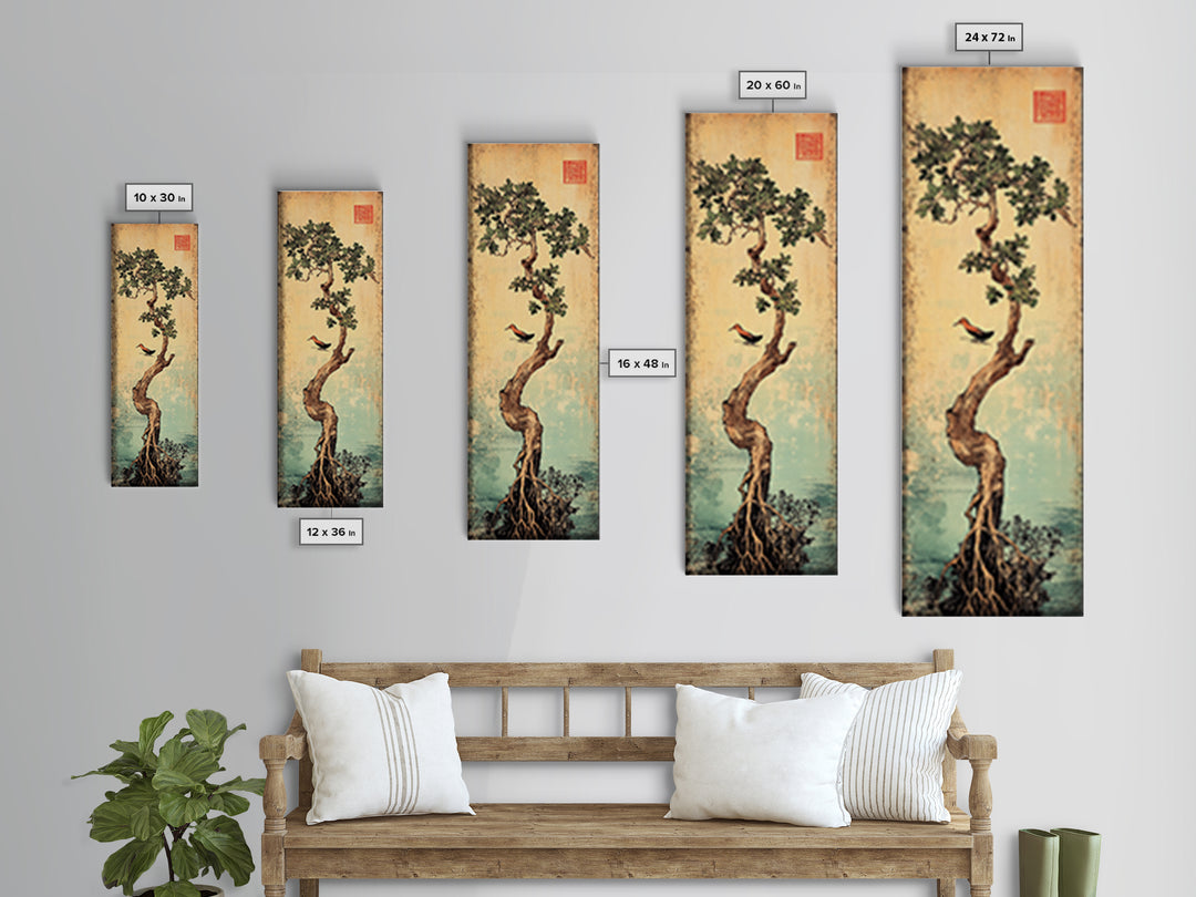 Bonsai Tree With Exposed Roots Wall Art, Japanese Botanical Canvas Print, Zen Nature Decor, Bird Wall Art, Wabi Sabi Decor