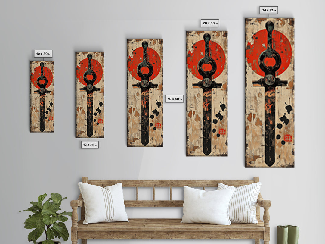 Rustic Samurai Sword With Red Sun Canvas Print, Japanese Wall Art, Martial Arts Decor, Masculine Office Wall Decor, Gift For Him