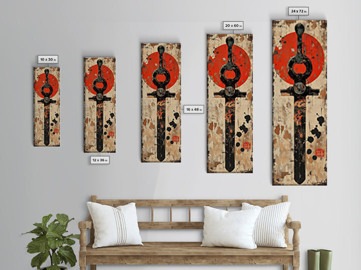 Rustic Samurai Sword With Red Sun Canvas Print, Japanese Wall Art, Martial Arts Decor, Masculine Office Wall Decor, Gift For Him