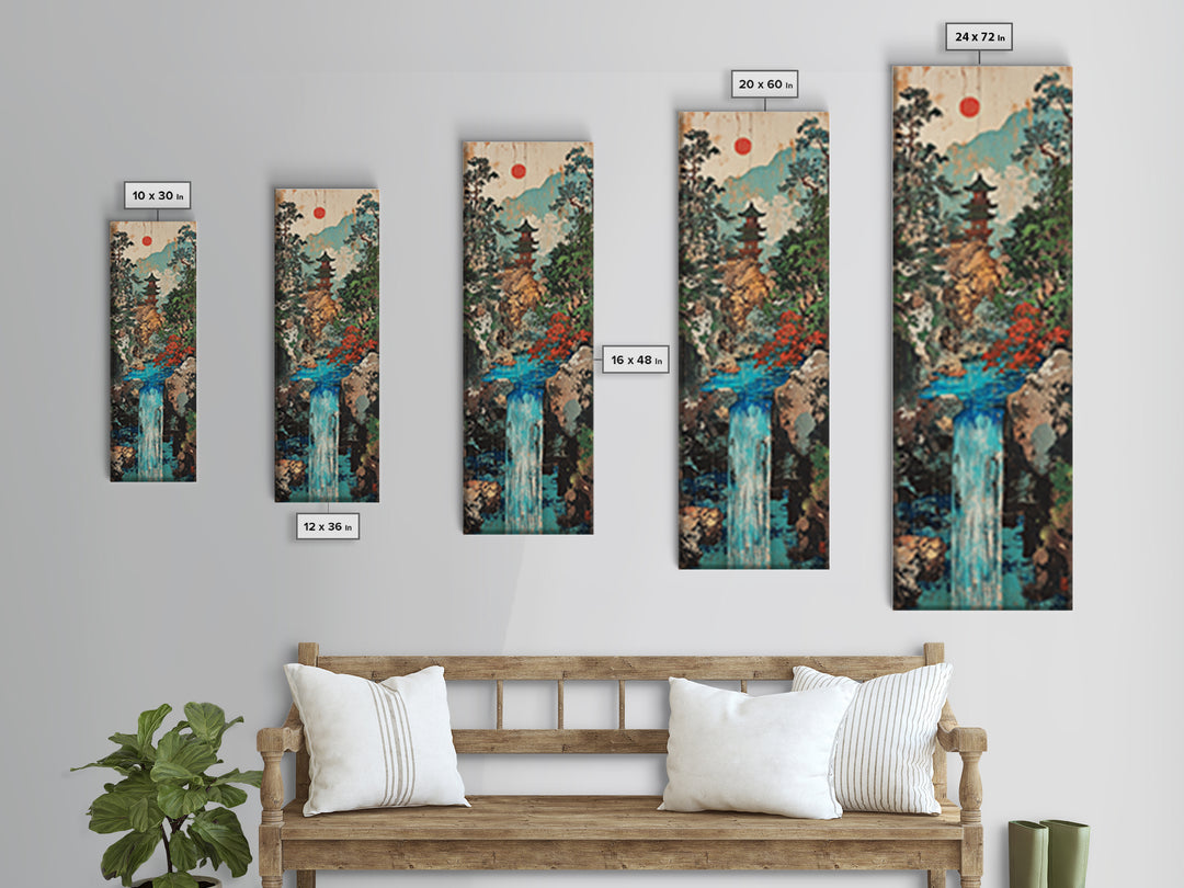 Pagoda Waterfall In Misty Mountain Forest Framed Canvas Print, Japanese Wall Art, Zen Decor, Japandi Landscape, Living Room Art