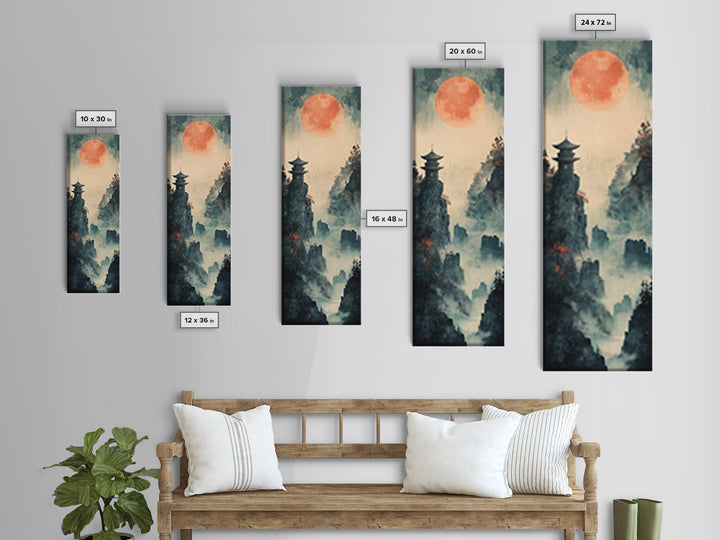 Misty Pagoda Cliffs Under Coral Moon Framed Canvas Print, Japanese Wall Art, Zen Landscape Decor, Moody Wall Decor, Gift For Her