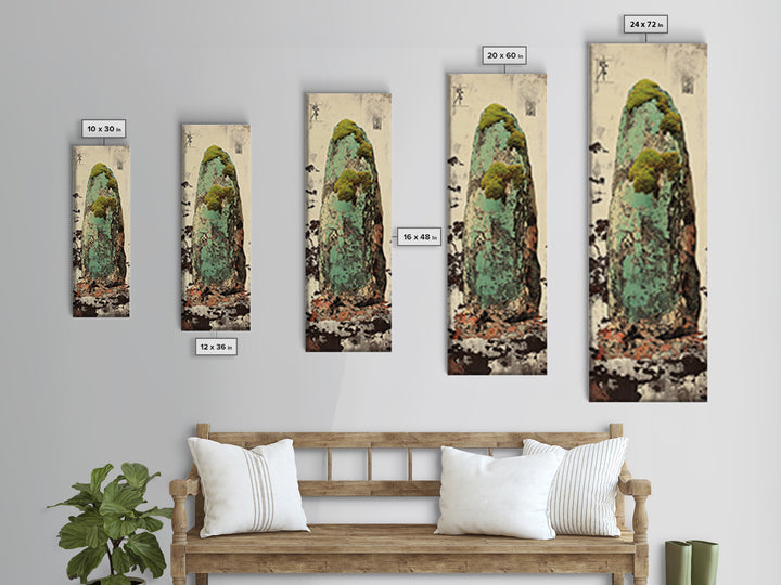 Mossy Zen Stone Monolith Wall Art, Japanese Wabi Sabi Landscape Print, Tall Narrow Canvas For Meditation Room Decor Gift