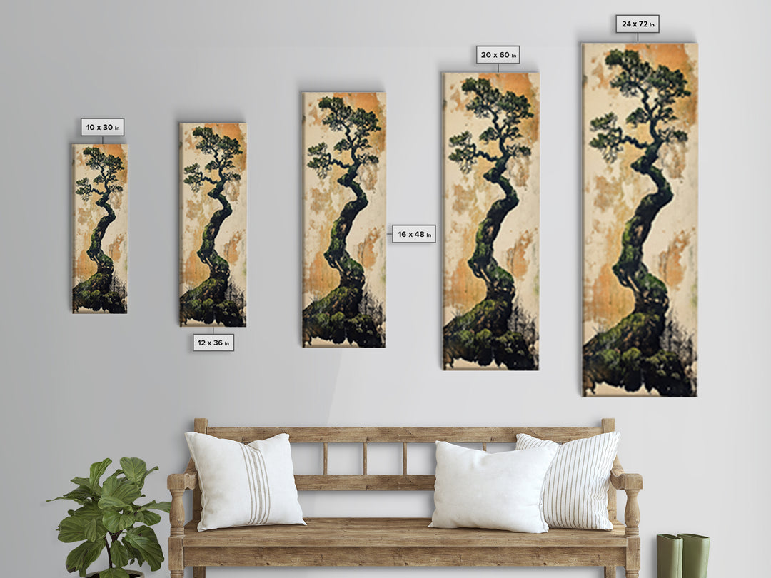 Twisted Bonsai Pine Tree Wall Art, Japanese Nature Print, Wabi Sabi Botanical Canvas For Japandi Living Room Decor Art Gift