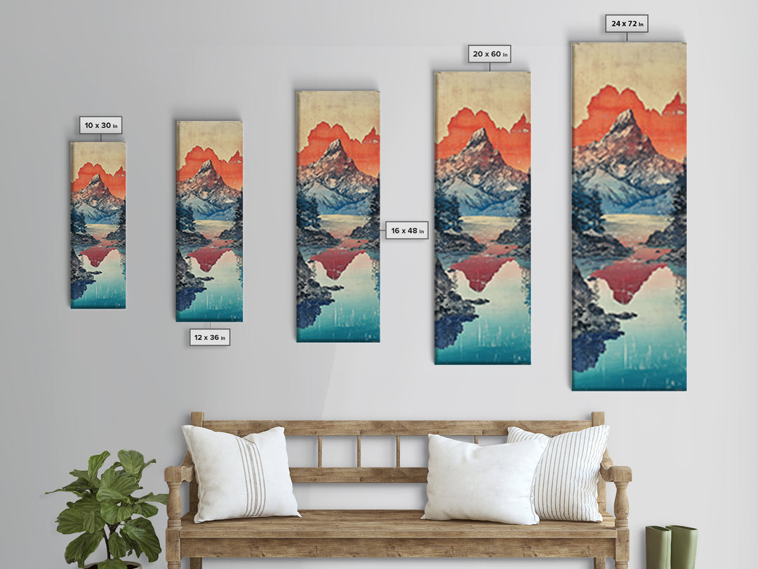 Snowy Mountain Lake Reflection Wall Art, Japanese Woodblock Landscape Print, Blue Teal Canvas For Cabin Living Room Decor