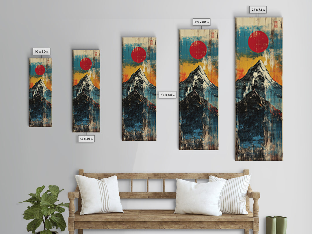 Red Sun Snowy Fuji Mountain Wall Art, Japanese Woodblock Landscape Print, Blue Abstract Canvas For Modern Japandi Decor Gift