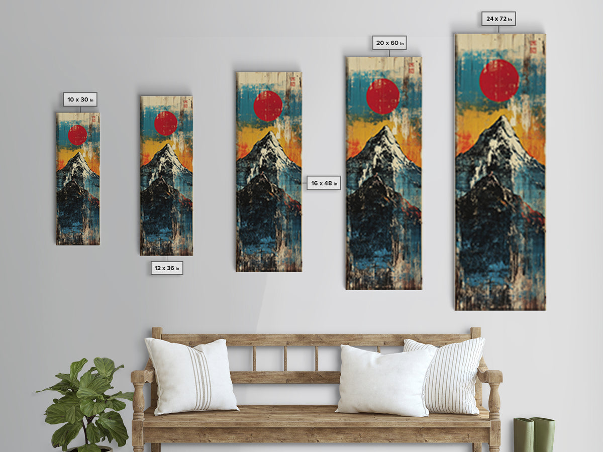 Red Sun Snowy Fuji Mountain Wall Art, Japanese Woodblock Landscape Print, Blue Abstract Canvas For Modern Japandi Decor Gift