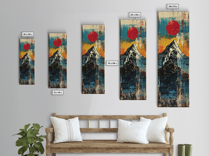 Red Sun Snowy Fuji Mountain Wall Art, Japanese Woodblock Landscape Print, Blue Abstract Canvas For Modern Japandi Decor Gift