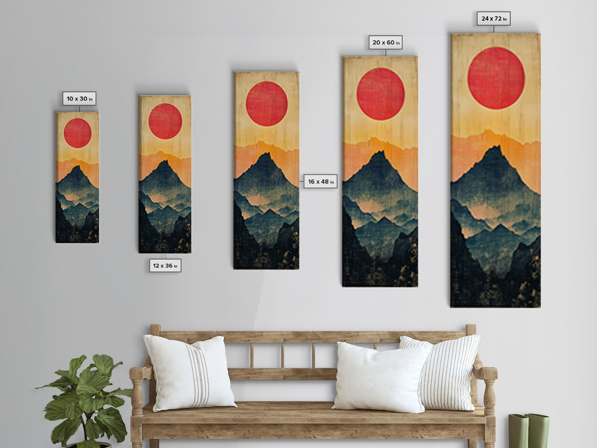 Red Sun Layered Mountain Silhouette Wall Art, Minimalist Japanese Landscape Print, Tall Narrow Canvas For Zen Home Decor