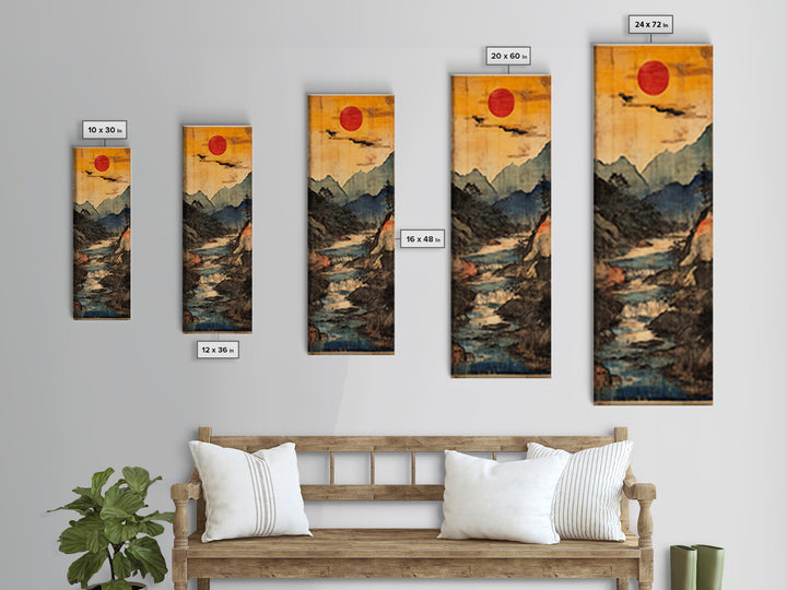 Red Sun Mountain River Wall Art, Japanese Waterfall Landscape Print For Japandi Home Decor And Serene Office Decor Poster