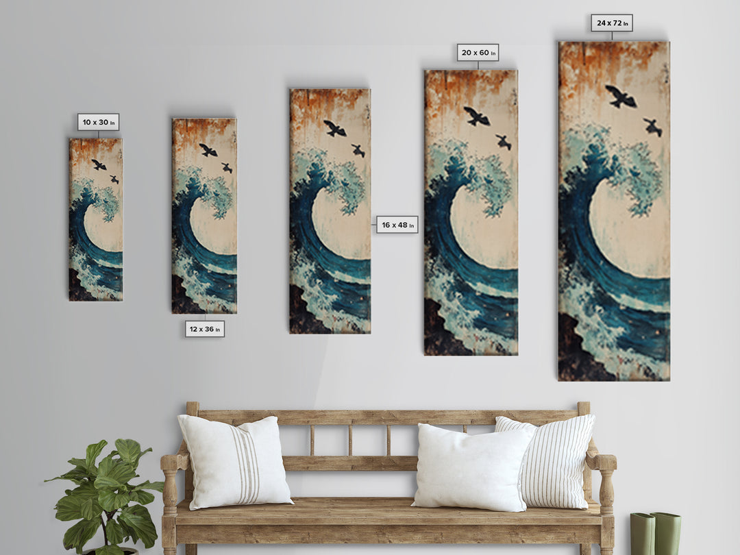 Teal Ocean Wave With Flying Birds Wall Art, Japanese Coastal Print For Bathroom Decor, Beach House Decor, And Gallery Wall
