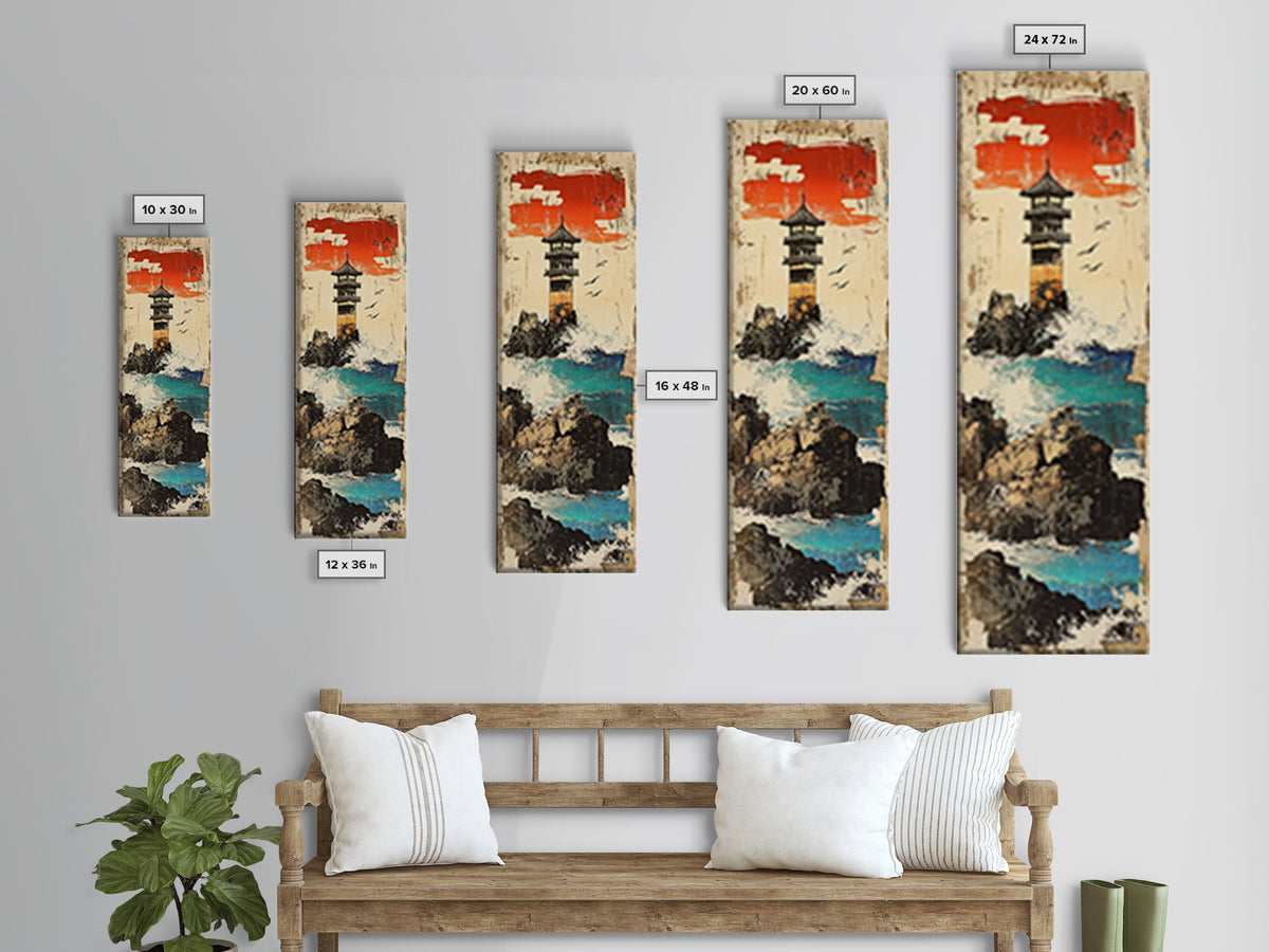 Cliffside Lighthouse Turquoise Sea Wall Art, Japanese Coastal Landscape Print For Beach House Decor And Nautical Office Decor