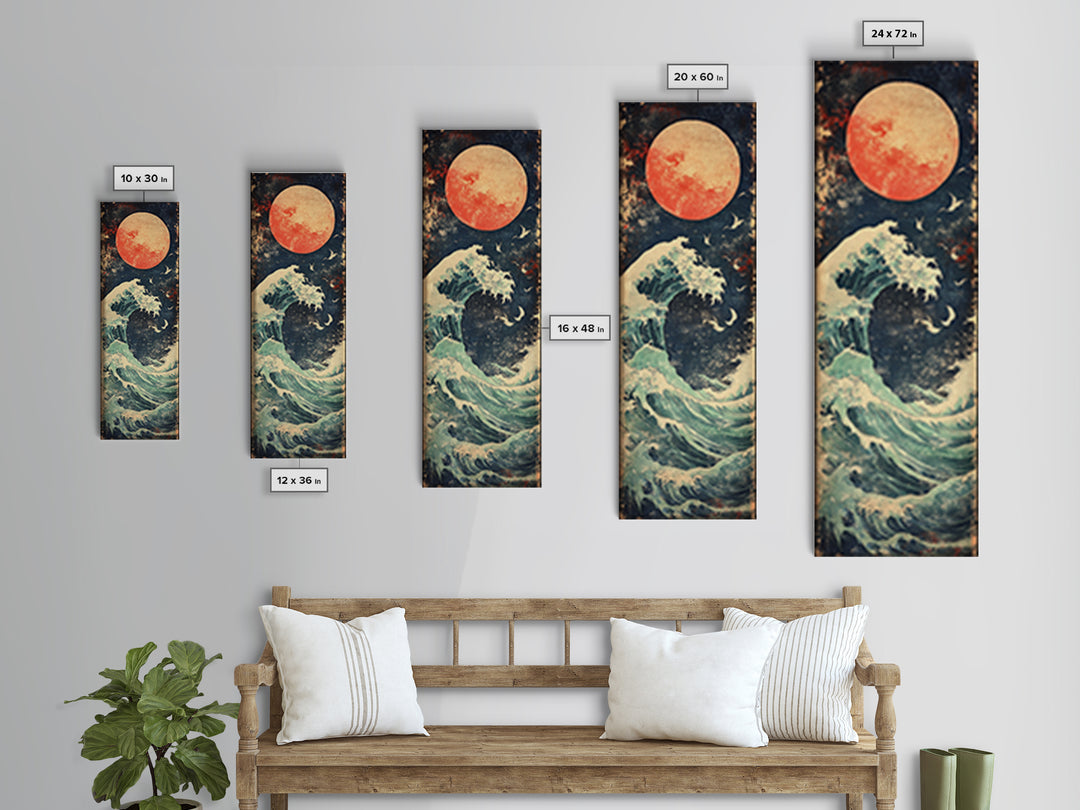 Full Moon Ocean Wave With Birds Framed Canvas Print, Japanese Coastal Wall Art For Beach House Decor And Moody Bedroom Decor