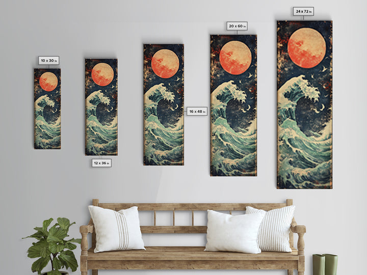 Full Moon Ocean Wave With Birds Framed Canvas Print, Japanese Coastal Wall Art For Beach House Decor And Moody Bedroom Decor