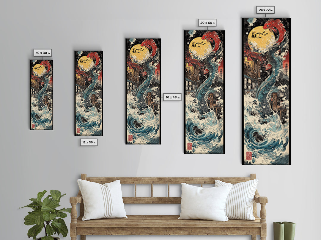 Red Dragon Moon And Crashing Waves Wall Art, Japanese Fantasy Sea Monster Canvas Print, Ukiyo E Ocean Decor Gift For Living Room