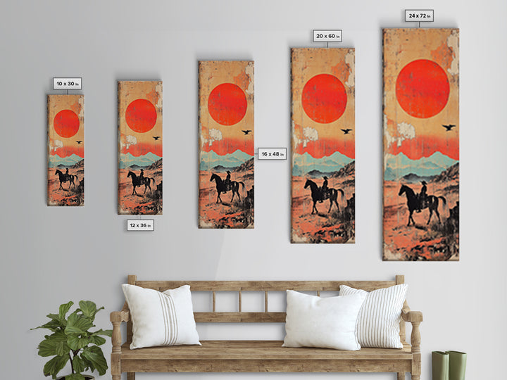Horse Rider Under Red Sun Wall Art, Western Desert Landscape Canvas Print, Japanese Inspired Southwestern Living Room Home Decor