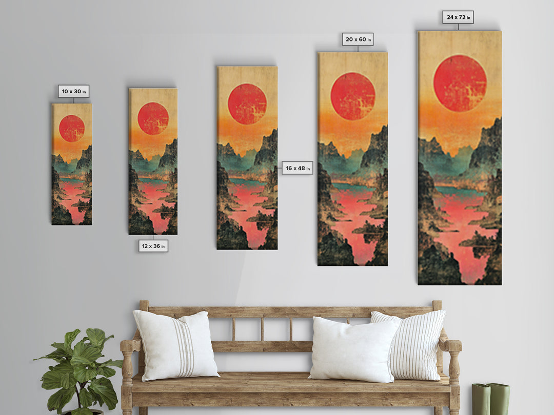 Red Sun Mountain River Valley Wall Art, Japanese Inspired Landscape Canvas Print, Teal Coral Nature Decor For Living Room