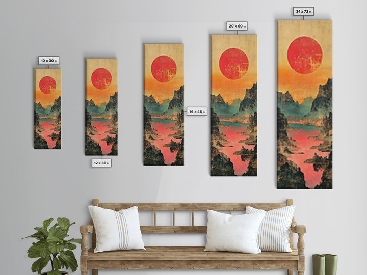 Red Sun Mountain River Valley Wall Art, Japanese Inspired Landscape Canvas Print, Teal Coral Nature Decor For Living Room