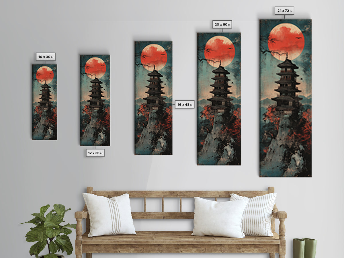 Red Sun Pagoda On Misty Mountain Wall Art, Japanese Landscape Canvas Print, Japandi Zen Decor, Asian Home Decor Gift For Living Room