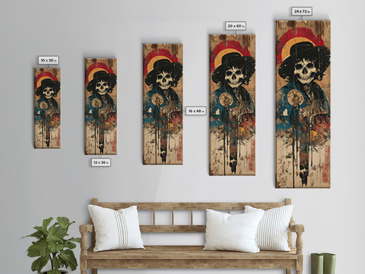 Skeleton Samurai With Red Halo Wall Art, Japanese Gothic Canvas Print, Dark Academia Decor, Macabre Warrior Gift For Him