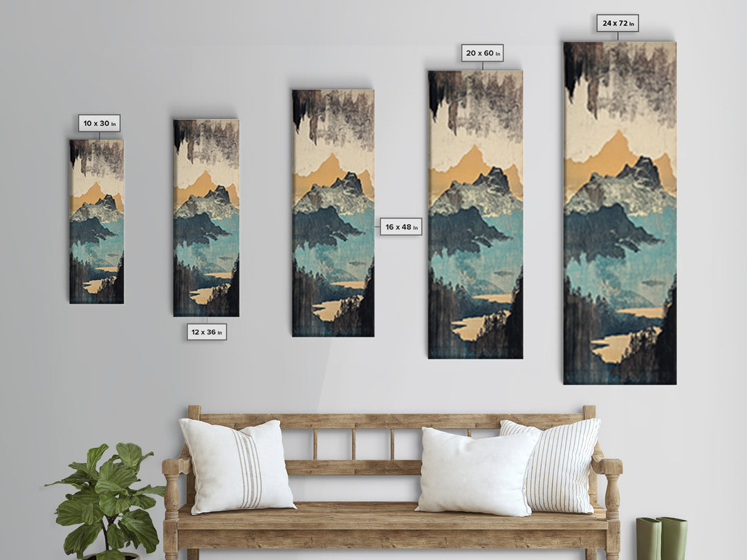 Misty Mountain Lake And Pines Wall Art, Japanese Landscape Canvas Print, Neutral Nature Decor, Large Vertical Art For Cabin