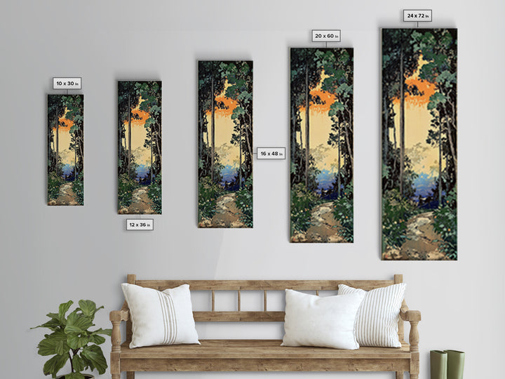 Sunlit Forest Path To Blue Water Wall Art, Japanese Nature Canvas Print, Green Woodland Decor, Calming Landscape Gift Idea