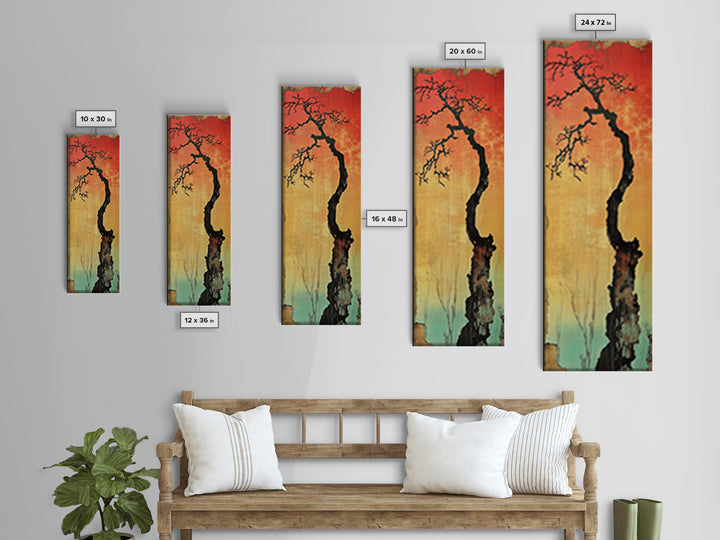 Lone Twisted Tree At Red Sunset Wall Art, Japanese Landscape Canvas Print, Moody Nature Decor, Minimalist Rustic Art For Cabin