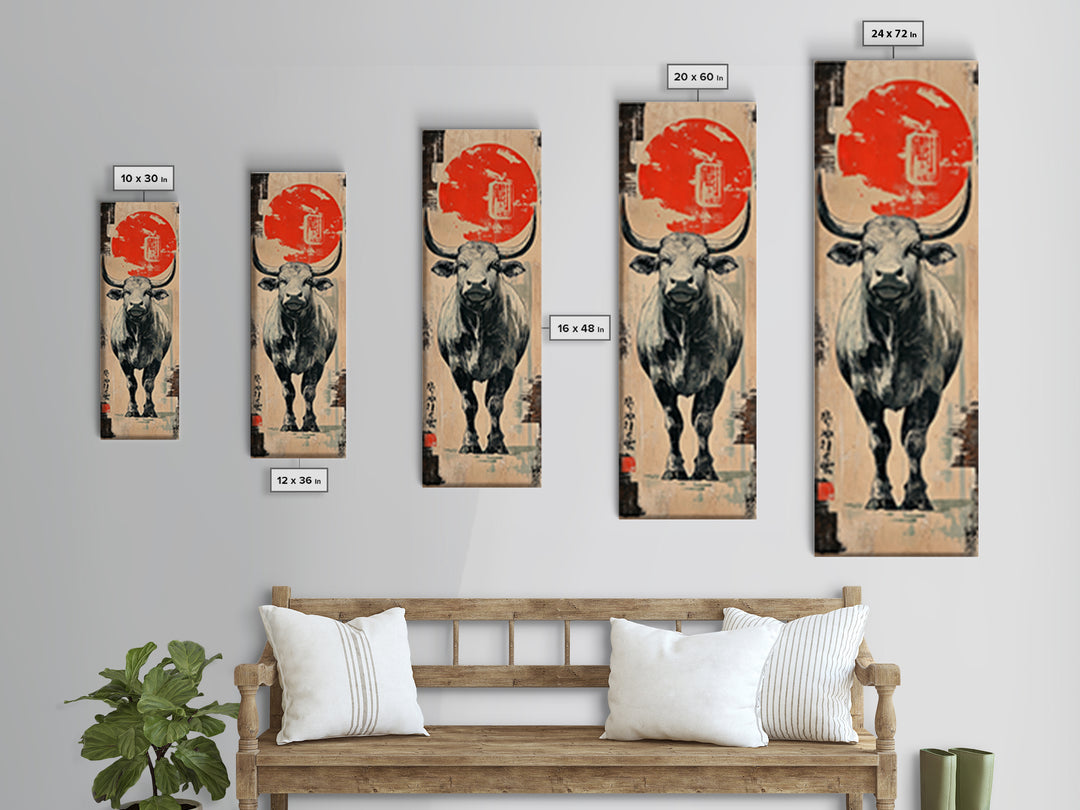 White Bull Beneath Rising Red Sun Wall Art, Japanese Animal Canvas Print, Rustic Farmhouse Decor, Bold Western Gift For Him
