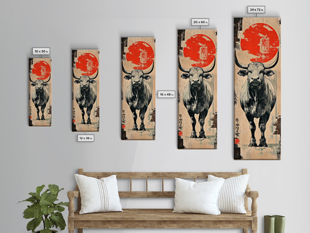 White Bull Beneath Rising Red Sun Wall Art, Japanese Animal Canvas Print, Rustic Farmhouse Decor, Bold Western Gift For Him