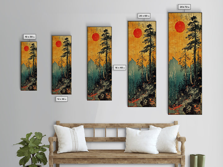 Tall Pines And Red Sun Mountain Wall Art, Japanese Forest Canvas Print, Rustic Cabin Decor, Nature Lover Gift For Home Decor