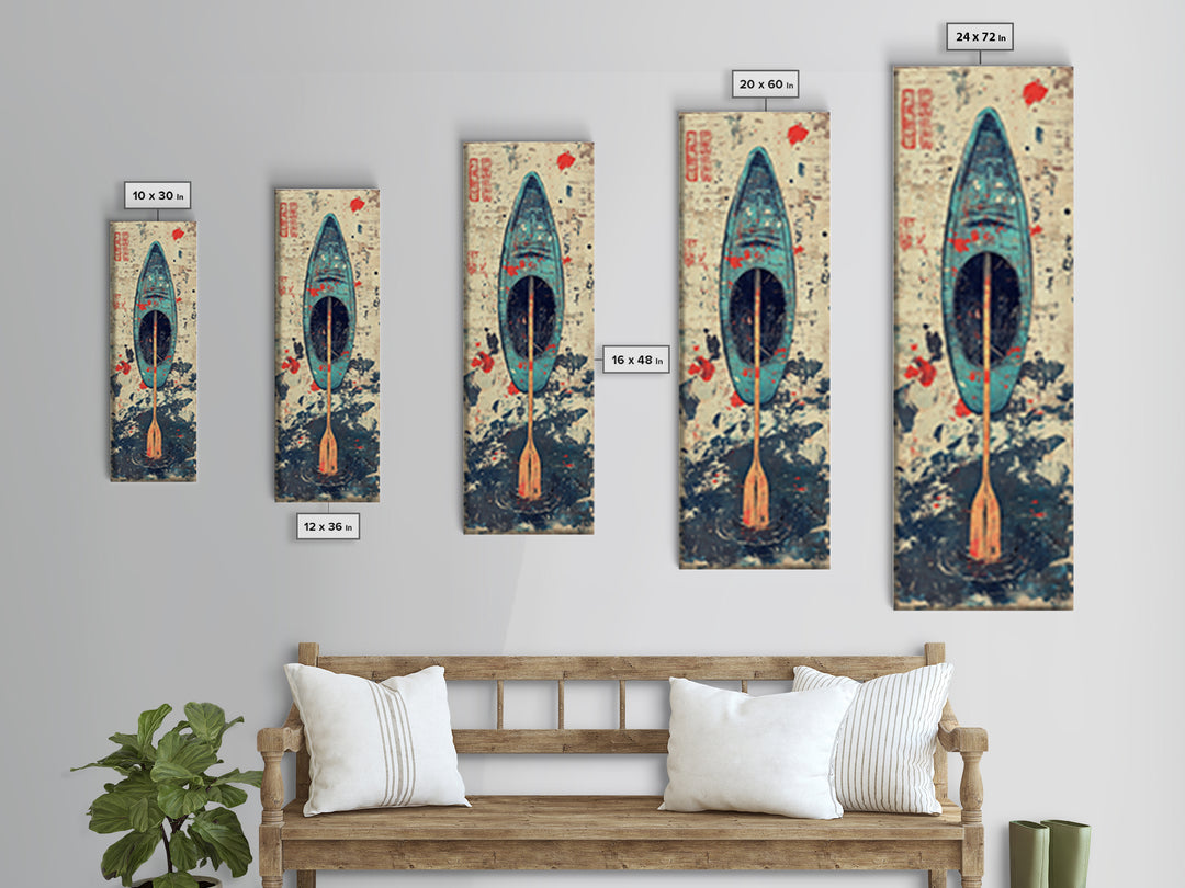 Blue Kayak Paddle On Ocean Waves Wall Art, Japanese Coastal Canvas Print, Nautical Decor, Beach House Decor Gift For Her