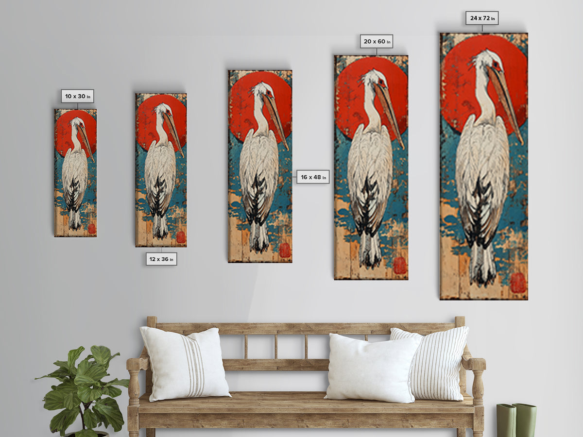 White Pelican Wall Art, Japanese Red Sun Bird Print, Coastal Wildlife Art, Asian Inspired Decor, Nautical Framed Canvas Print