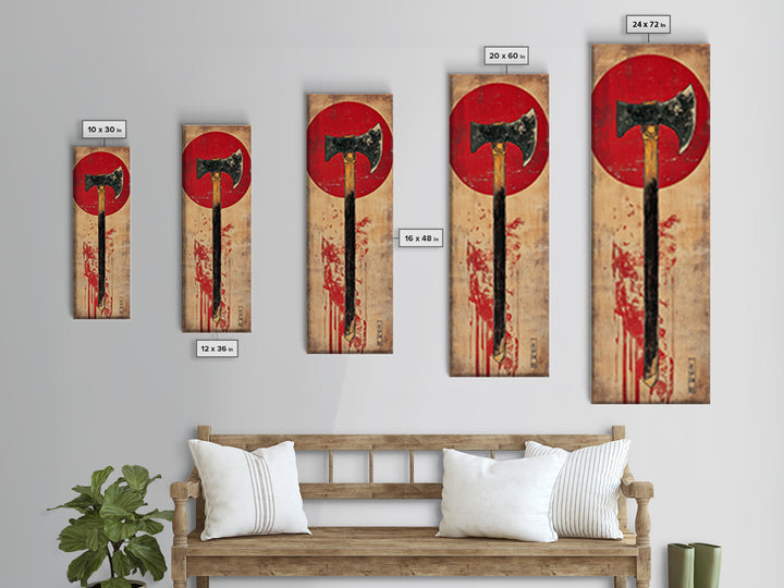 Rustic Axe Wall Art, Japanese Red Sun Tool Print, Samurai Inspired Decor, Masculine Office Decor, Framed Canvas Print, Gift For Him