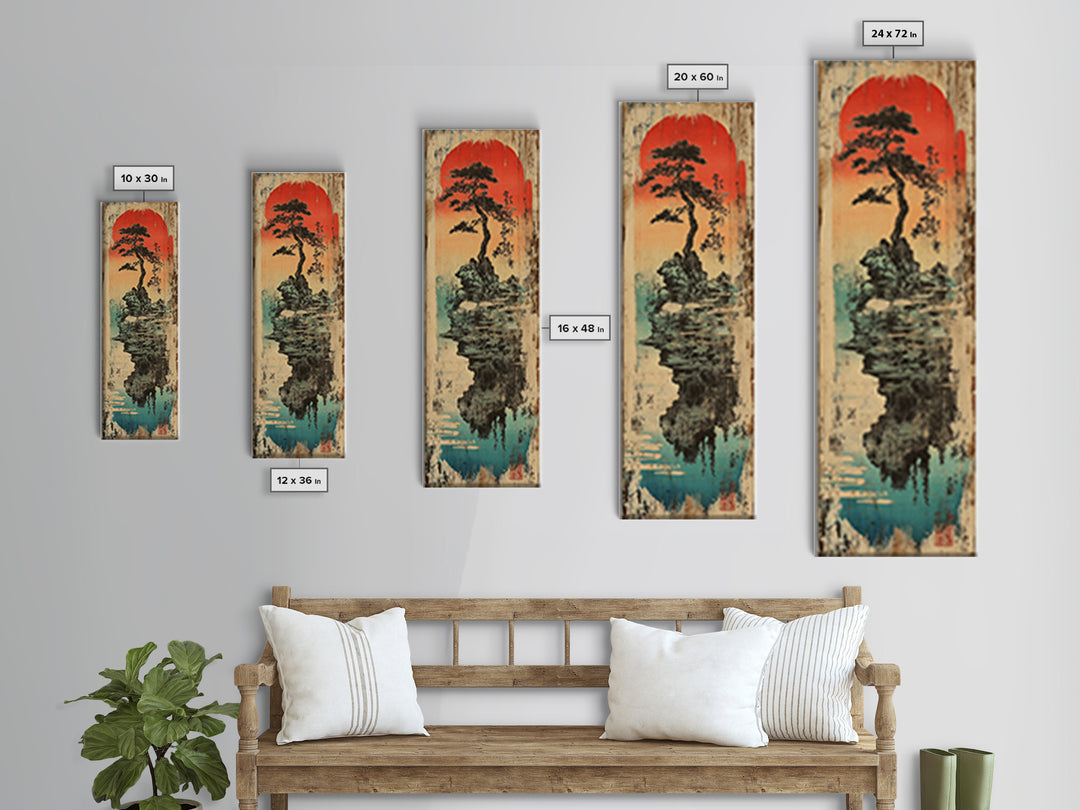Japanese Bonsai Island Wall Art, Red Sun Zen Landscape Print, Japandi Wall Decor, Asian Inspired Canvas Print, Tranquil Decor