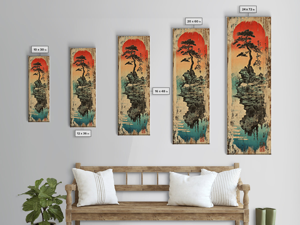 Japanese Bonsai Island Wall Art, Red Sun Zen Landscape Print, Japandi Wall Decor, Asian Inspired Canvas Print, Tranquil Decor