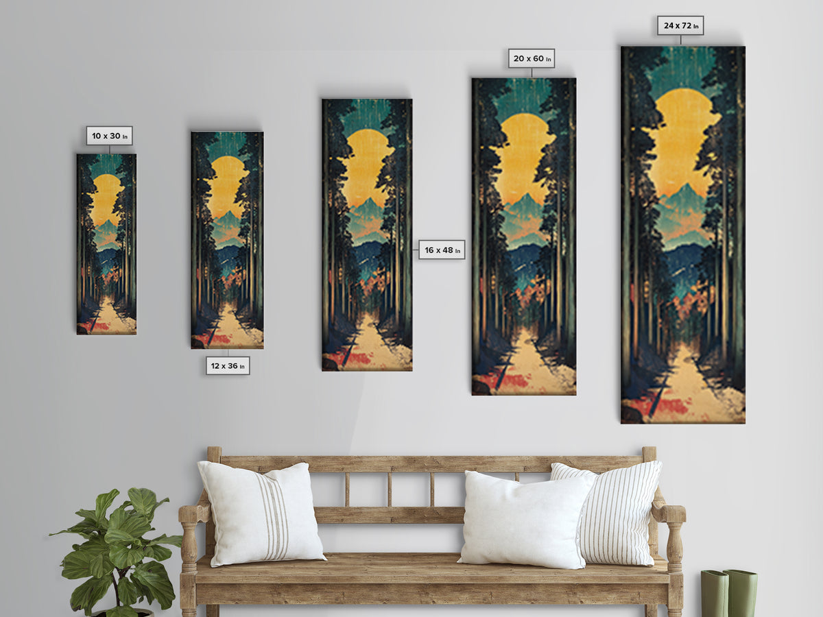Sunlit Forest Path And Mountain View Framed Canvas Print, Japanese Wall Art, Japandi Nature Decor, Tall Narrow Landscape